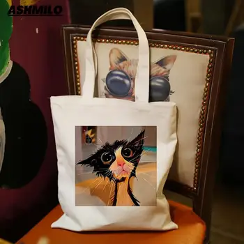 Kawaii Vintage Olejomaľba Mačka Nákupní Taška Shopper Tašky Tote Bag Harajuku Opakovane Veľkú Kapacitu Ženy Bežné Taška Cez Rameno