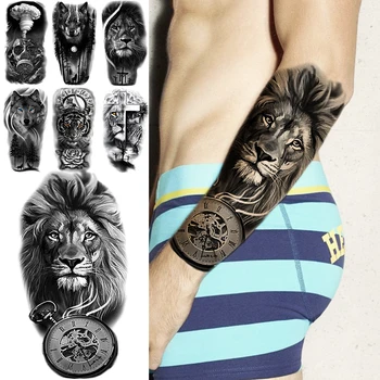 3D Black Lion Kompas Dočasné Tetovanie Pre Mužov Dospelý Vlk Les Tiger Realistické Falošné Tetovanie Vodotesné Telo Umelecké Maľovanie na Tetovanie