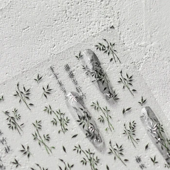 Čínsky Štýl, Zelená Biela Bamboo 3D Samolepiace Nail Art Nálepky Atrament Maľovanie Kaligrafie Kvety Manikúra Obtlačky Veľkoobchod