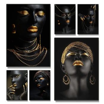 Africké Dievčatá, Žena, Zlaté Šperky, Plagáty, Nástenné Plátno Umenie Výtlačkov Moderné Údaje Portrét V Obrazoch Obývacia Izba Domova Obrázok