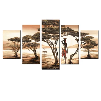5 Panely Africkej Ženy Plátne Obrazy Pre Obývacia Izba Afrického Slnka Stromy Scenérie Modulárny Obrázky Seascape Nástenné Plagáty