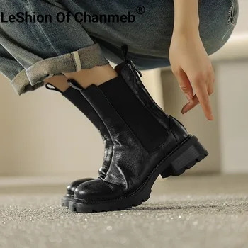 LeShion Z Chanmeb Pravej Kože Chelsea Boots Ženy Kolo Prst Na Zips Členok Krátka Zavádzania Elastické Kapely Dámy Topánky Na Jeseň Zima