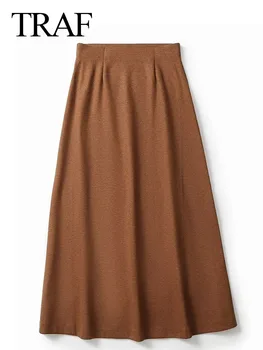 TRAF Jeseň dámske Elegantné Bežné Vintage Elegantné Pevné Midi Skladaný Sukne Ženskej Módy Voľné čiary Dlhé Sukne Oblečenie