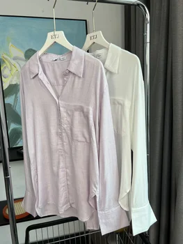ETJ23 nové tričko dámske jednoduché jednofarebné jedno vrecko dekorácie, závesné dlhý rukáv klope tričko top