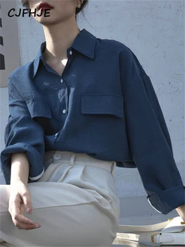 CJFHJE Modré Dámske Blúzky Jar Leto kórejský Módne Maxi Blusas Bežné Elegantné Vintage Dlhý Rukáv Bavlna Nadrozmerná Voľné