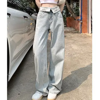 Dizajn Zmysel kórejský Širokú Nohu, Džínsy pre Ženy 2023 Jeseň Nové Vysoký Pás Slim Americký Študent Nohavice High Street Fashion Jeans