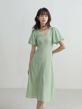 Temperament mint zelenej ženské šaty letné nového jednoduchého tvaru A-slovo francúzskeho bublina rukáv sukne