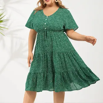 Plus Veľkosť Womens Krátke Rukávy Šaty Tlačidlo tvaru Elastický Pás Zelená Skladaný Šaty Veľkosť Príležitostné Letné Šaty