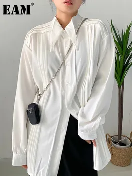 [EAM] Ženy Biela Skladaný Veľké Veľkosti Elegantná Blúzka Nové Klope Dlhý Rukáv Voľné Nosenie Tričko Fashion Príliv Jar Jeseň 2024 1DF0359