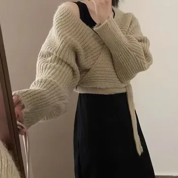Cardigan sveter žena 2023 bežné vysoký pás a multi-farebné čipky dlhé vlasy mohair pevné sveter krátke cardigan žena