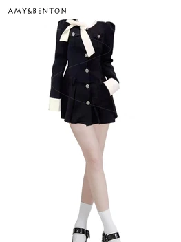 Veľkosť dámske Šaty Sladké Dievča Eleganciu Luk Šaty na Jeseň Nové Čierne Retro Vysoký Pás Tenký Mini Šaty Narodeniny Oblečenie