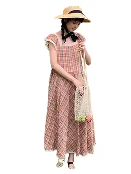 Japonský Sladké Ročník Dúhového Kockované šaty Módne bežné Námestie golier lietania rukávy Čipky patchwork bavlnené šaty Vestidos 5XL