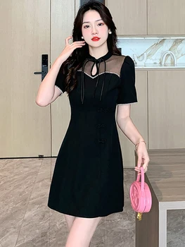 Ženy Ružová Patchwork Úplnej Sexy Mini Šaty Letné Čierne Kórejský Vintage Hepburn Prom Šaty 2023 Kórejský Lištovanie Luxusné Party Šaty