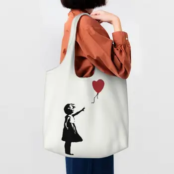 Dievča S Balónom Banksy Potraviny Nakupovanie Tote Bag Graffiti, Street Art Plátno Ramenný Shopper Taška Veľká Kapacita Kabelky