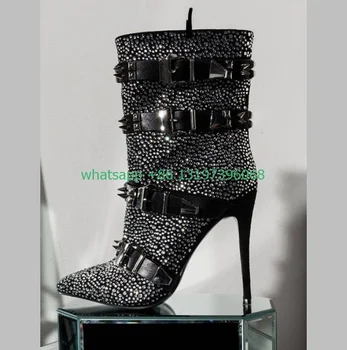 Lady stud dizajn drahokamu členková obuv obuv veľkosť 35-46 ukázal prst pracky dizajn stiletto päty šaty, topánky bling punk štýl